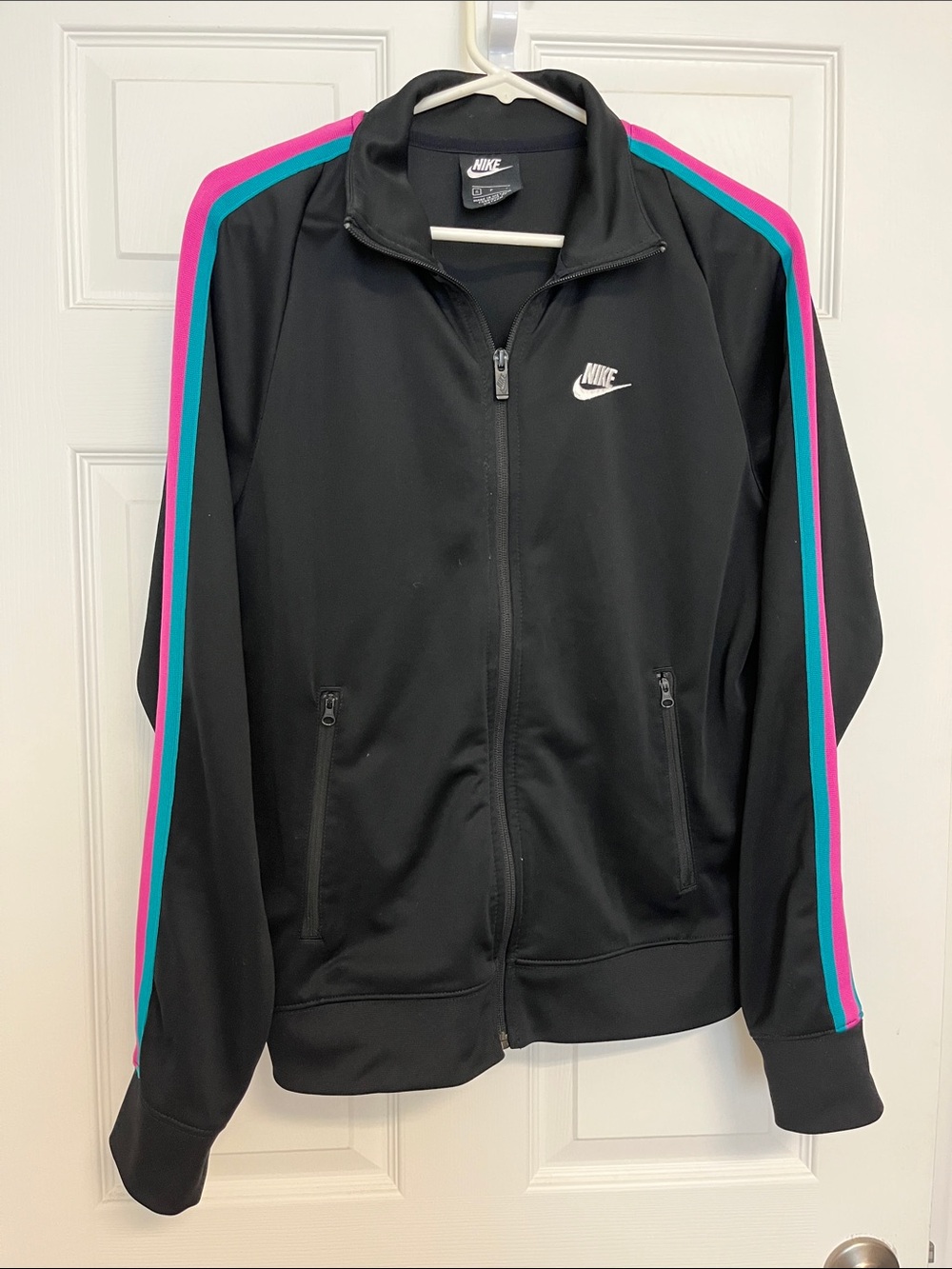 Nike Women’s Black Track Jacket with Teal & Pink Shoulder Stripes